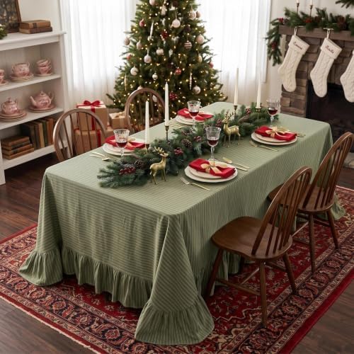 Eternal Beauty Christmas Green Striped Ruffled Tablecloth 52x70 Rectangle - Image 6