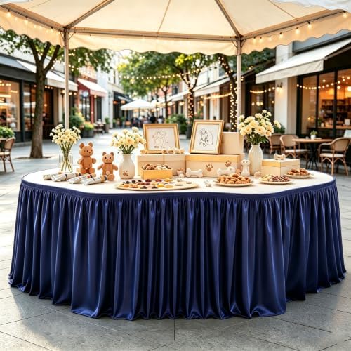14ft Length Navy Blue Satin Table Skirt Rectangle Tables Wrinkle Resistant by Partisky