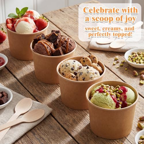 Honeydak 200 Pcs 8 oz Ice Cream Cups Kraft Paper Disposable Dessert Bowls for Hot or Cold Food Dark Brown Paper Snack Containers for Sundae, Frozen Yogurt, Soup Baby Shower Party Supplies - Image 6