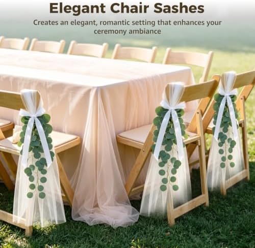 24 Sets Wedding Pew Decorations with White Long Tulle Tails Chair Sashes 8.2 ft, 24 Artificial Eucalyptus Vine 6.9 ft, 2 Rolls White Ribbon 72.2 ft for Wedding Aisle, Ceremony Party Supplies - Image 3