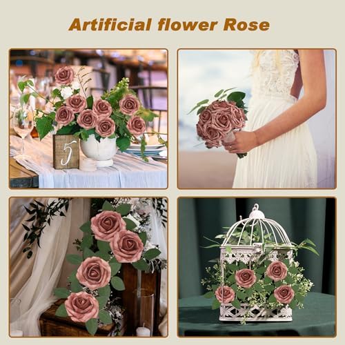 100PCS Warm Taupe Artificial Flowers Realistic Roses, Real Looking Fake Roses with Stem for DIY Wedding Bouquets Centerpieces Bridal Shower Party Home Romantic Decorations (Warm Taupe, 100pcs) - Image 3