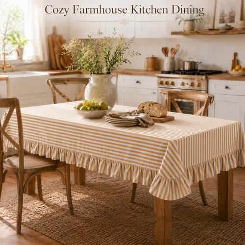 Yellow White Striped Ruffled Tablecloth Rectangle 55" x 70" Farmhouse Washed Cotton Table Cloth with Short Ruffle Cottage Table Cover for Boho Dining Room Kitchen Picnic Home Party Decoration - Image 4