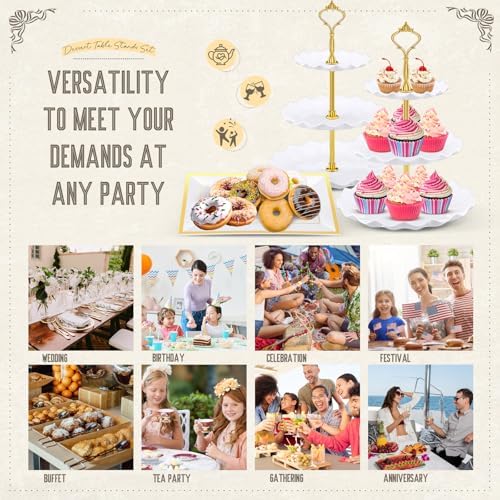 Willinglong 14 Pcs Dessert Table Stands Set 3 Tier Plastic Cupcake Stands Cookie Display Tower Gold Rim Dessert Serving Tray for Party Wedding Birthday Bridal Baby Shower (White and Gold) - Image 5