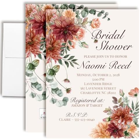 Amanda Creation Fall Bridal Shower Invitations Personalized for Her, 50 5x7 Bridal Shower Invitations with Envelopes, Rustic Burgundy Floral by AmandaCreation