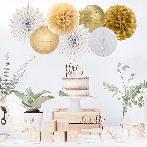 52Ft White-Gold Champagne Party-Decorations Heart Streamers Garland with 14pcs Christmas Wedding Engagement Paper Lanterns Fan,Tissue Pom Poms,Honeycomb Balls - Image 7