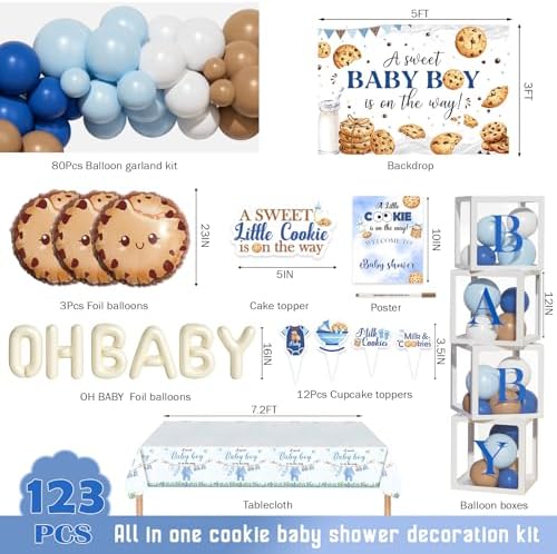 Costova Milk and Cookies Baby Shower Decorations, 123 PCs Cookie Baby Shower Party Supplies with A Sweet Little Cookie Is on the Way Backdrop, Balloon Garland, Cake Topper, Boxes - Image 2