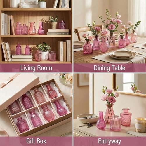 32 PCS Assorted Vintage Bud Vases, Colorful Glass Small Vases Bulk, for Centerpieces, Wedding Table Decor, Home Decorations & Gifts (Pink Seiris) - Image 6