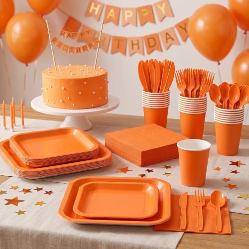 Vyntra 350 Pcs Orange Square Paper Plates and Napkins Set, Serves 50 - Image 6