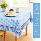 JarThenaAMCS Gingham Ruffle Tablecloth with Red Rick Rack Blue White Plaid Cotton Table Cloth Decorative Rectangle Farmhouse Table Cover for 4th of July Home Kitchen Party Decoration, 55 x 70 Inch - Image 3