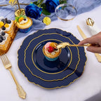 Liacere 175PCS Navy Blue Plastic Plates-Disposable Blue Gold - 25guest Baroque Plastic Dinnerware include 50Plates,25Pack Pre Rolled Napkins with Silverware 25Cups for Party & Wedding & Labor Day - Image 5