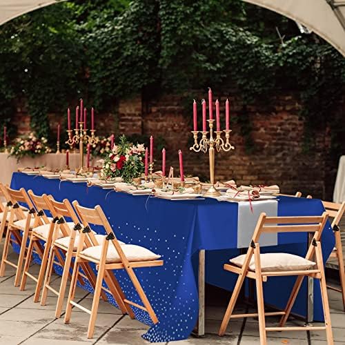 24Pack Disposable Plastic Tablecloths and Satin Table Runner Set Blue and Silver Dot Tablecloth Silver Satin Table Runner for Wedding Birthday Baby Shower Anniversary Christmas New Year Party Supplies - Image 7
