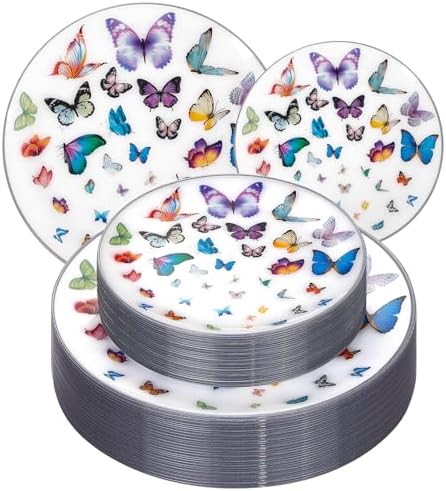 LIYH Silver Rim White 60 Pcs Heavy Duty Plastic Butterfly Plates Wedding by LIYHLoveinyourheart