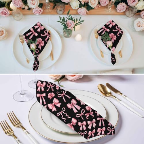 Pink Bows Cloth Napkins Set of 8, Modern Abstract Sweet Ribbon Bowknot on Black Washable Reusable Dinner Cocktail Napkin for Kitchen Party Wedding Banquet Holiday Baby Shower Table Decor - Image 3