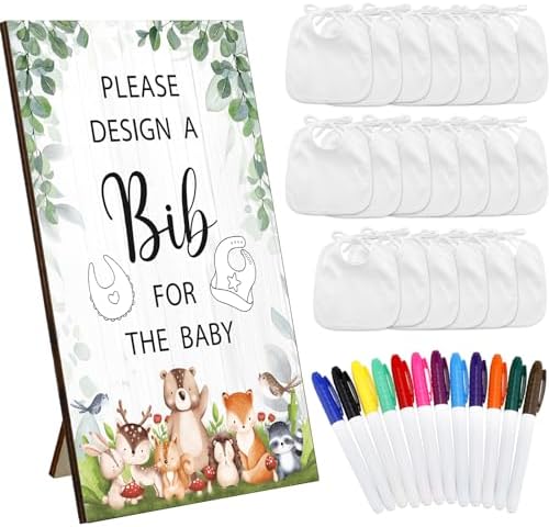 Panitay 43 Pcs Baby Shower Games Design a Bib, 12 Markers, Woodland Animal by Panitay