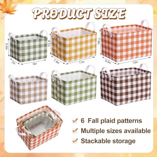6 Pack Plaid Canvas Baskets Rectangular Storage Bins, Fall - Image 3