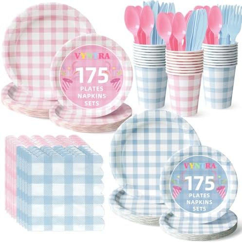 Vyntra 350-Pc Pink and Blue Gingham Paper Plates and Napkins Party Supplies by PartyTablewareSupplies