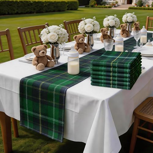 12 Pcs 72 X 13 Tartan Plaid Table Runner, Green Blue Tartan Baby Shower - Image 7