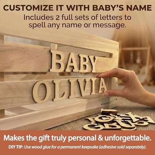 Wooden Baby Shower Crate Closet & Basket with Hanger Rack - Customizable Gift Basket with 2X Alphabet Letter Sets, Eucalyptus, 5 Hangers, Dividers, Nursery Decor Girls Boys (Natural Wood) - Image 4