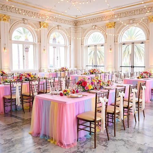 2 pk 8ft Rainbow Tulle Tablecloth for Rectangle Tables, 2-in-1 Pastel Color Table Covers with Tulle Skirt,Wrinkle Free Stretchy Ruffle Tulle Table Cloths Fitted for Wedding Party Banquet Vendor - Image 2