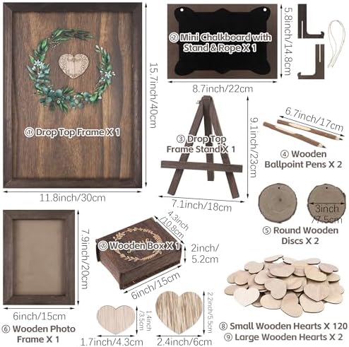 Aodaer Wedding Guest Book Alternative Drop Top Frame Heart Drop Wood Guest Book with Stand 122 Wooden Hearts Pens Box Mini Blackboard Rustic Wedding Decorations for Reception Baby Shower, Brown - Image 2