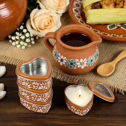 48 Pcs Brown Mexican Heart Shaped Tins with Clear Lids Organza Bags Thanks Cards De Barro Mexicanos Empty Candle Candy Boxes Cielito Lindo Party Decorations for Wedding Gifts Fiesta Party Favors - Image 4