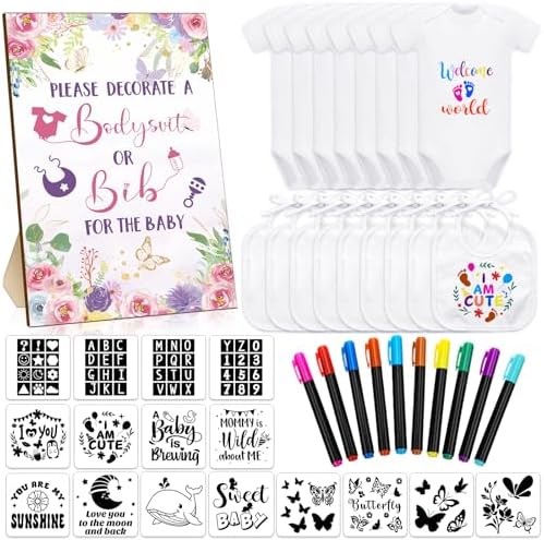 Chuarry 43 Pcs DIY Bibs Decorating Kit 8 Bodysuits 8 Pcs 2 Ply White Bibs 10 Fabric Markers 16 Stencils Baby Shower Sign(Flower) by Chuarry