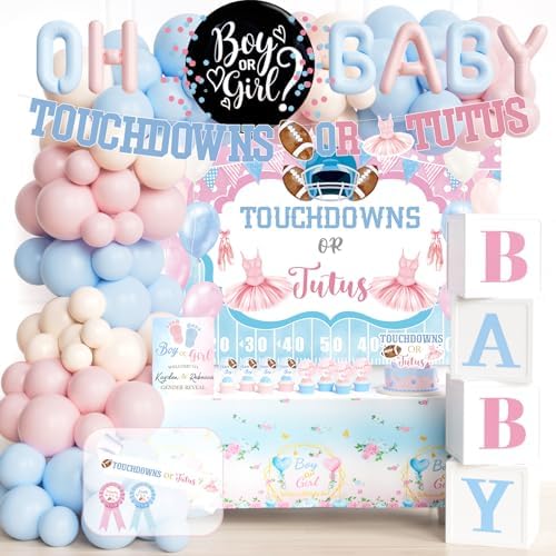 Touchdowns or Tutus Gender Reveal Decorations, 152 PCs Party Balloons Decorations Kit Supplies with Balloons, Banners, Sash, Badge Backdrop, Topper, Poster, Balloon Boxes, Tablecloth, Marker by Fiesec