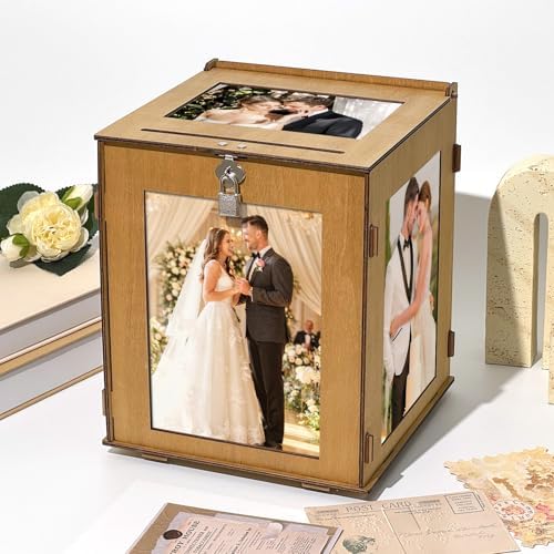 OurWarm Wooden Wedding Card Box with Acrylic Picture Frame, 360° Rotatable - Image 4