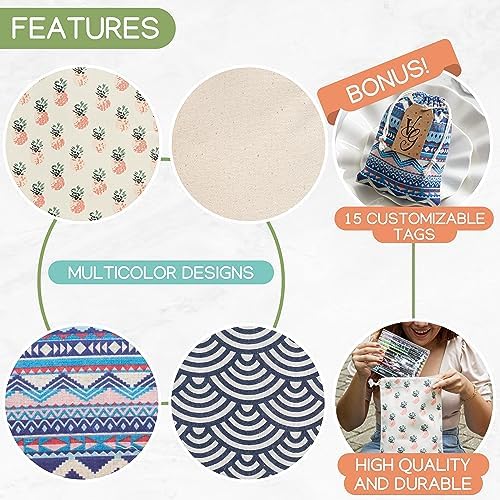 12 PCS Reusable gift bags with drawstring + 15 gift tags | Fabric gift bags in 3 Sizes | Gift wrapping alternative, storage bags, travel & party favor bags. 2nd Ed. - Image 4