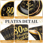 Funnymoom 452 Pcs 80th Birthday Party Decorations Set for Men Women, Black and Gold Happy 80th Birthday Paper Plates Napkins Cups Tablecloth Cutlery Straws Cheers to 80 Years Anniversary Party - Image 2