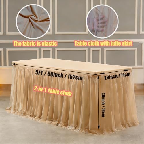 1-Pack Champagne 2-in-1 Tulle Tablecloth for 5-Foot Rectangular Table - Image 2