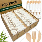 Pre Rolled Bamboo Silverware Set with Napkins - 100 Pack Bamboo Utensils by Unknown