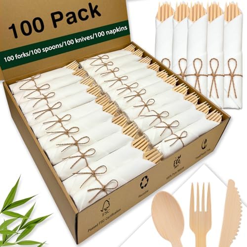 Pre Rolled Bamboo Silverware Set with Napkins - 100 Pack Bamboo Utensils by Unknown