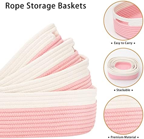 7 Piece Cotton Rope Woven Basket Set - Small Basket for Baby Nursery, Pets, Montessori, Dog & Cat Toy Boxes, Bathroom Organization Bins (White/Pink) - Image 3