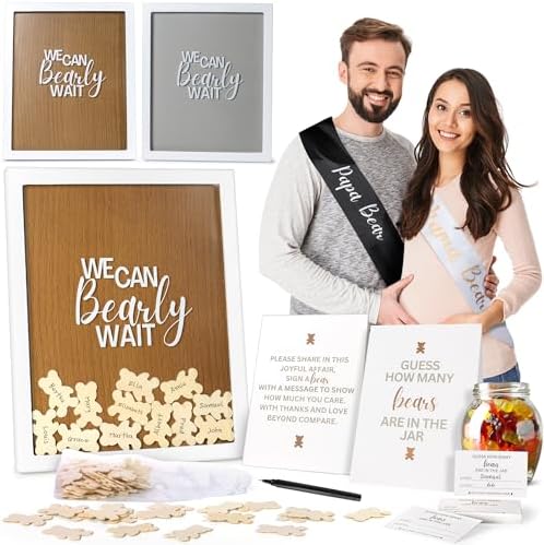 Baby Shower Guest Book Alternatives 109 Piece Set with Wooden Bears Mom Dad to Be Sashes Guessing Game - Unisex Gender Reveal and Pregnancy Announcement Decor - We Can Bearly Wait Decorations Keepsake by ParkwayHome