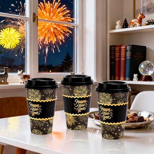 Whaline 50 Pcs 16 Oz Happy New Year Disposable Coffee Cups with Lids and Sleeves Black-Gold Firework Paper Drinking Cup for Chinese Spring Festival Party Supplies - Image 5