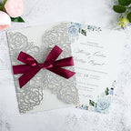 ponatia 25PCS Silver Glitter Wedding Invitations Cards Laser Cut Hollow Rose With Burgundy Ribbon For Bridal Shower Engagement Birthday Graduation Invite - Image 3