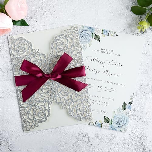 ponatia 25PCS Silver Glitter Wedding Invitations Cards Laser Cut Hollow Rose With Burgundy Ribbon For Bridal Shower Engagement Birthday Graduation Invite - Image 3