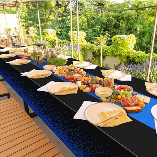 MASHAN 12Pcs Black and Blue Tablecloth Party Decorations,Plastic Black Table Cloth Printed Blue Runner Disposable Rectangle Table Cover for Birthday Wedding Anniversary Graduation Party,54 x108 Inch - Image 7