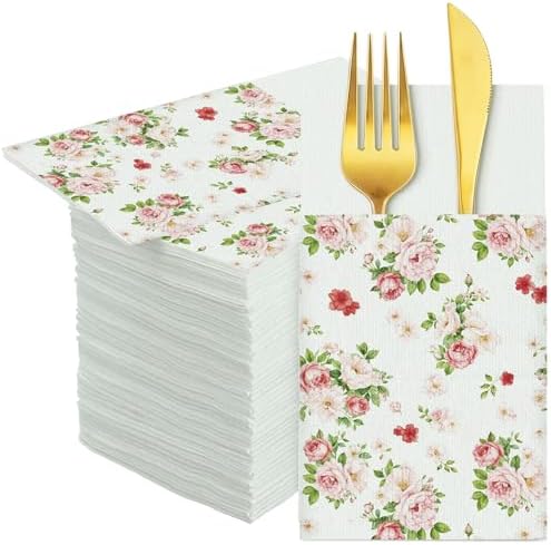 Potchen 100 Pcs Linen Feel Napkins Disposable, Vintage Rose Floral by Potchen
