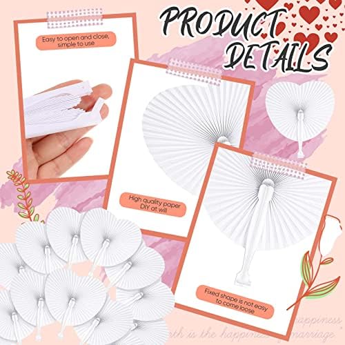Yinkin 80 Sets White Paper Fans for Wedding Guests Bulk with Plastic Handles, Foldable Heart Shaped Handheld Fans with 80 Organza Bags for Birthday Bridal Shower Church Celebration DIY Party Decor - Image 3
