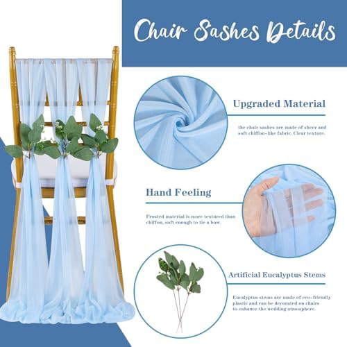 QueenDream Light Blue Sashes Chair Aisle Decorations: 24 Pack Baby Shower Chair Cover 8FT Long Tulle Draping Fabric Wedding Reception Church - Image 3