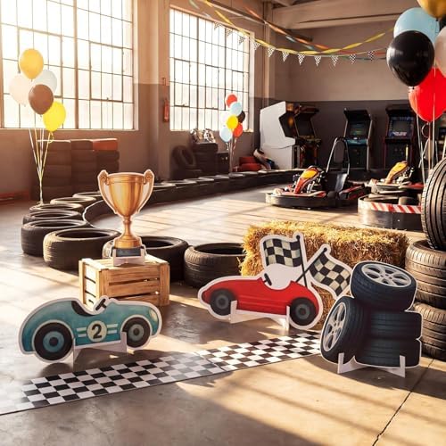 Honoson 4 Pcs Large 30" Racing Car Cardboard Cutouts Standup, Race Car Birthday Party Decorations Check Flag Trophy Tire Photo Booth Props for Photography Backdrop Baby Shower Party Supplies Yard Sign - Image 6