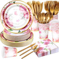 Ziliny 350 Pcs Tea Party Supplies Serves 50 Disposable Floral Paper Plates Napkins Cups Plastic Cutlery Dinnerware Set for Wedding Birthday Baby Shower Tea Party Decoration by Ziliny