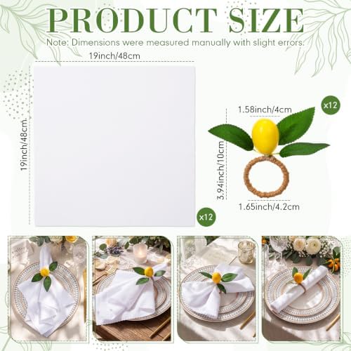 Preboun 24 Pcs White Cloth Napkins 19"x19" with Lemon Napkin Rings - Image 2