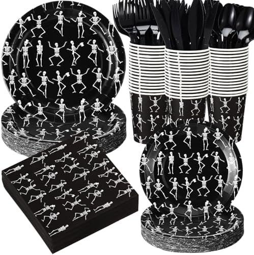 Pickmesh 400 Pcs Party Supplies Disposable Paper Plates Napkins and Cups Decorations for Men Women(Skeleton,Black) by Pickmesh