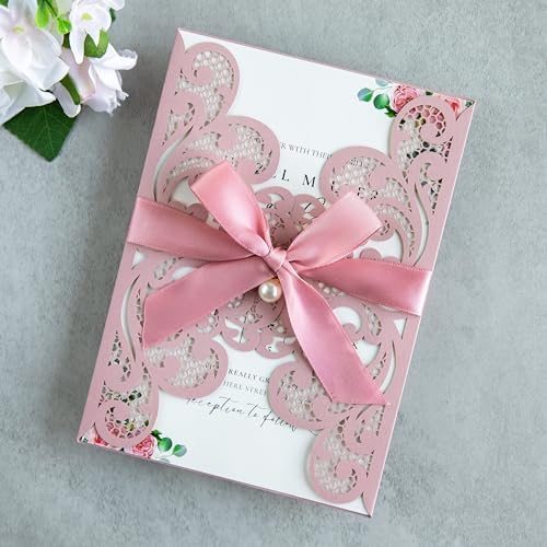 20Pcs Dusty Rose Laser Cut Wedding Invitation Cards With Envelopes - Image 2