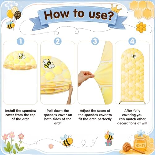 Tegeme Honey Bee Arch Backdrop Covers (7.2ft, 6.6ft, 6ft) Set of 3 Stretchy Fabric Fitted Wedding Arch Stand Covers for Bee Honey Theme Birthday Party Wedding Bridal Birthday Banquet Decoration - Image 4