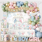 Gender Reveal Decorations,271pcs Greenery Boy or Girl Gender Reveal Plates and Napkins Cups Banner Backdrop Tablecloth Cake Topper Balloon for He Or She Gender Reveal Decorations by Lenyunge