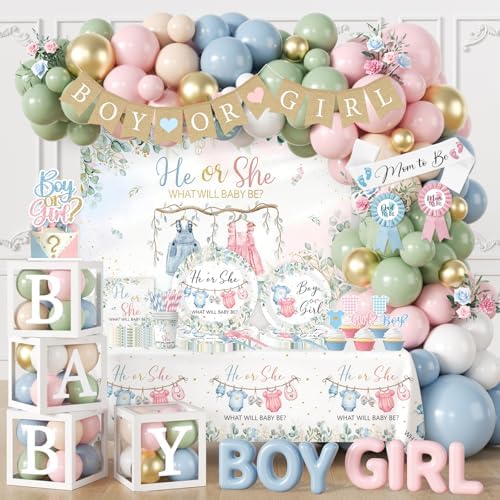 Gender Reveal Decorations,271pcs Greenery Boy or Girl Gender Reveal Plates and Napkins Cups Banner Backdrop Tablecloth Cake Topper Balloon for He Or She Gender Reveal Decorations by Lenyunge